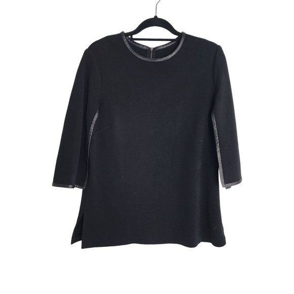 St. John knits modern black top tunic side slit sleeve detail 10 leather trimmed